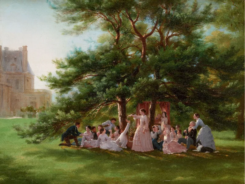 1814-Antoine Chintreuil - Il ricevimento si è svolto all'ombra dei pini di fronte al castello